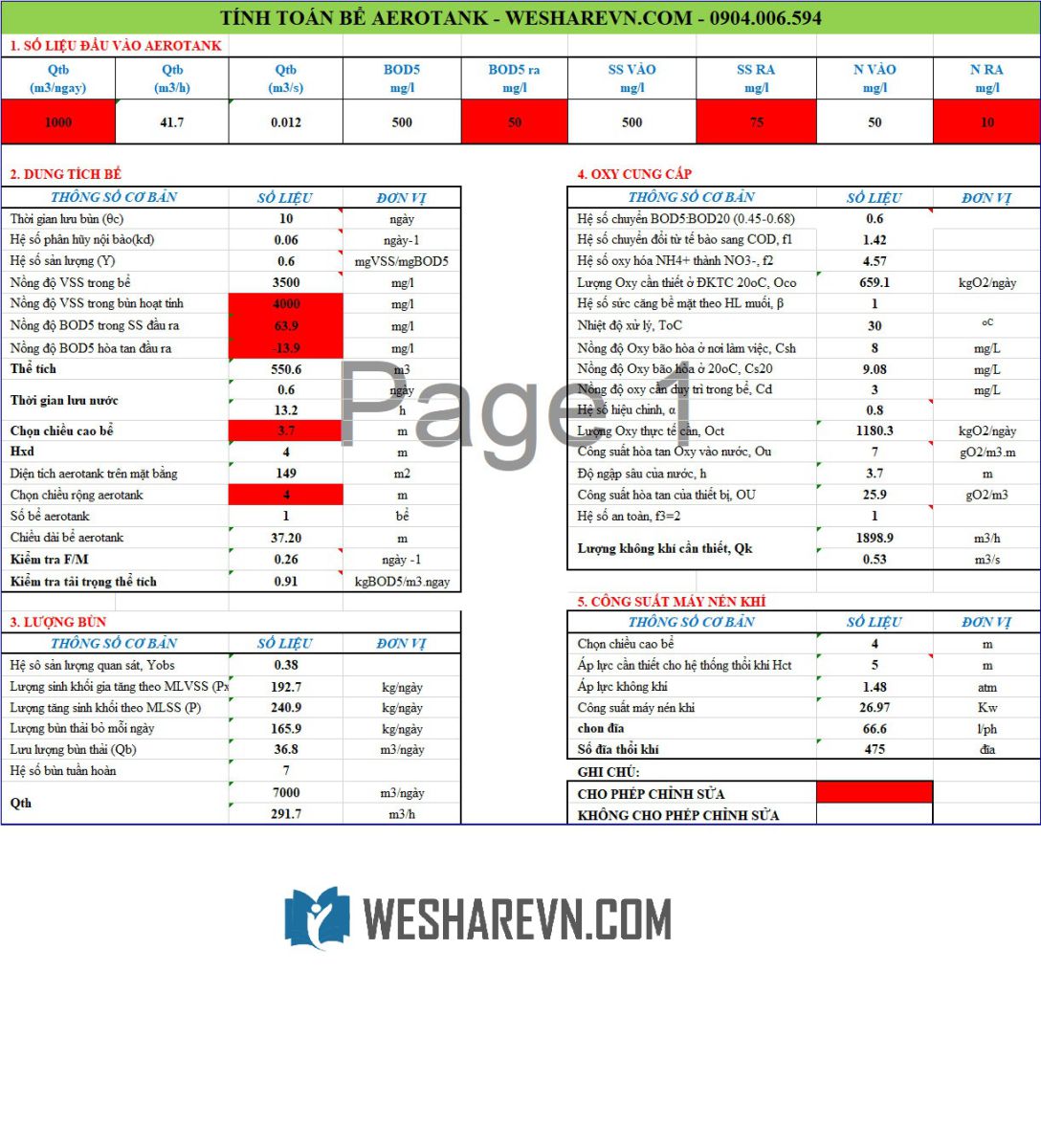 File tính toán bể aerotank