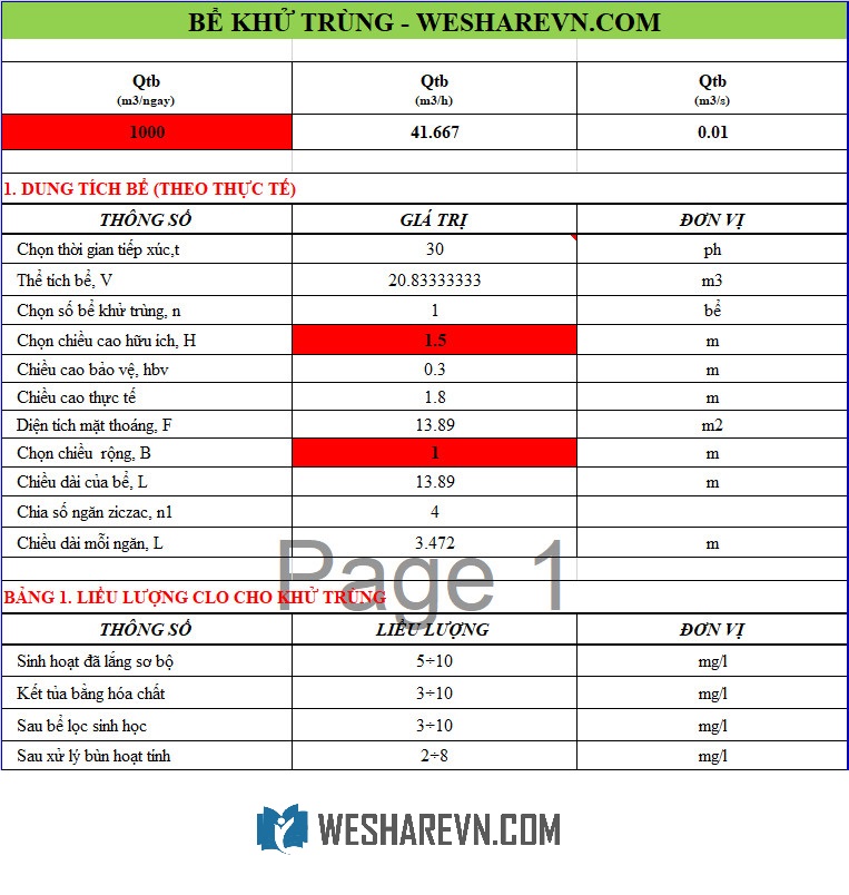 File tính toán bể khử trùng